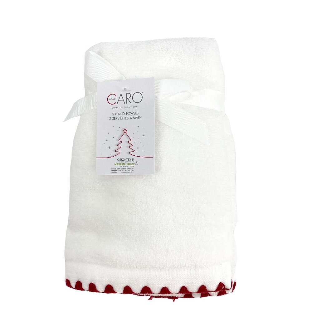CARO HOME Seasonal Red Trim 2 PC Hand Towel Set
